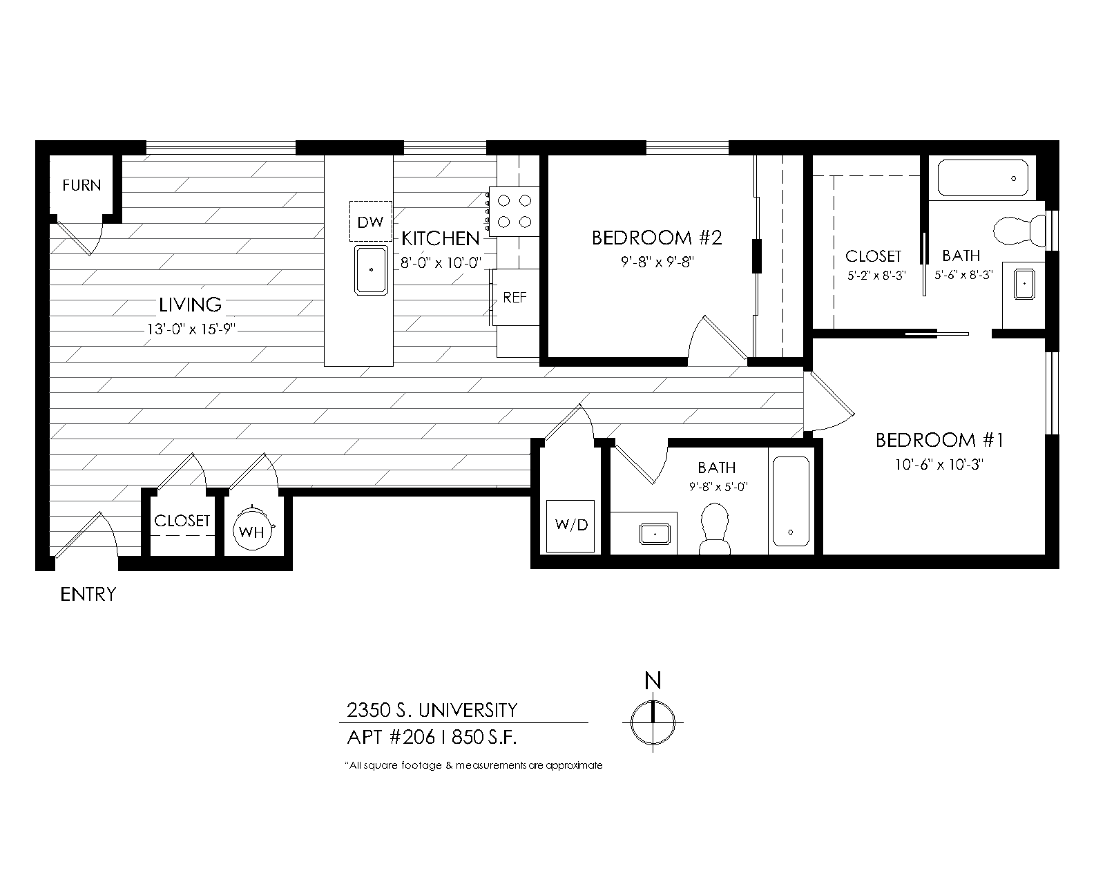 Floor plan for 2 beds, 2 baths, 800 sqft